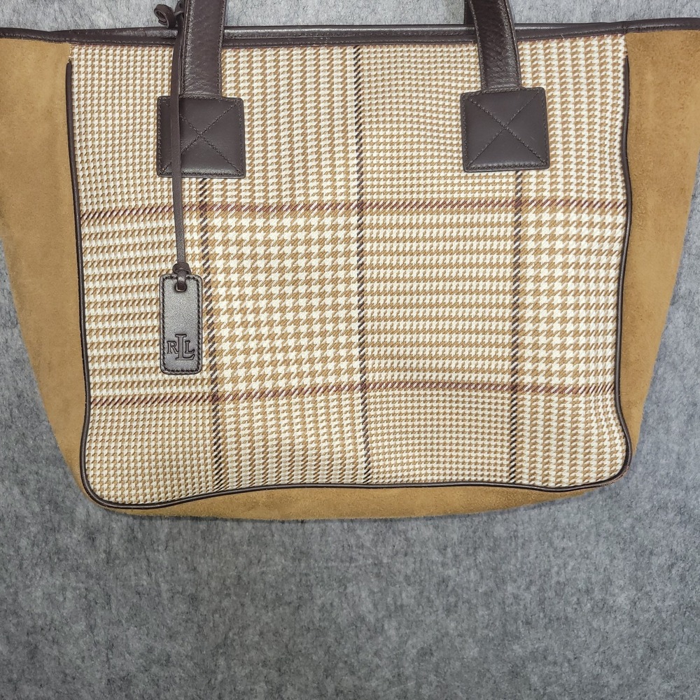 Lauren Ralph lauren Houndstooth Tote Bag Classic Preppy Purse Brown Tan Plaid - Picture 2 of 14